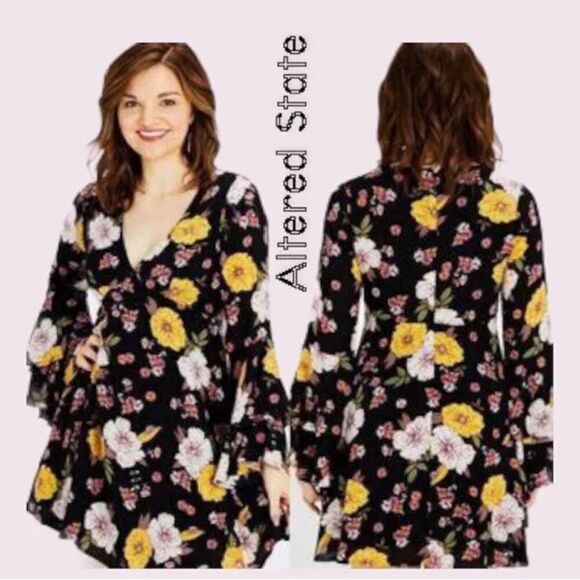 Dress Altar'd State Juliette Yellow Black Floral Boho Bell Sleeve Size Medium - Picture 2 of 13